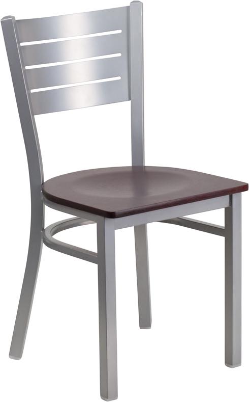 Flash Furniture HERCULES Series Silver Slat Back Metal Restaurant Chair – Mahogany Wood Seat – XU-DG-60401-MAHW-GG Supply