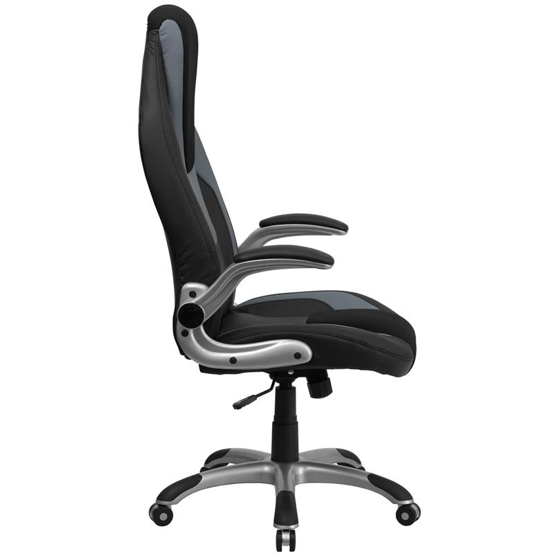 Flash Furniture High Back Black and Gray Vinyl Executive Swivel Chair with Black Mesh Insets and Flip-Up Arms – CH-CX0326H02-GG Supply