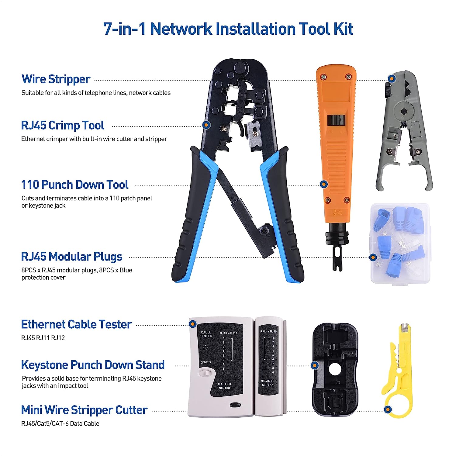 7-in-1 Network Tool Kit with RJ45 Ethernet Crimping Tool, Punch Down Tool, Punch Down Stand, Cable Tester, RJ45 Connectors, RJ45 Boots, and Wire Strippers – Carrying Case Included Online