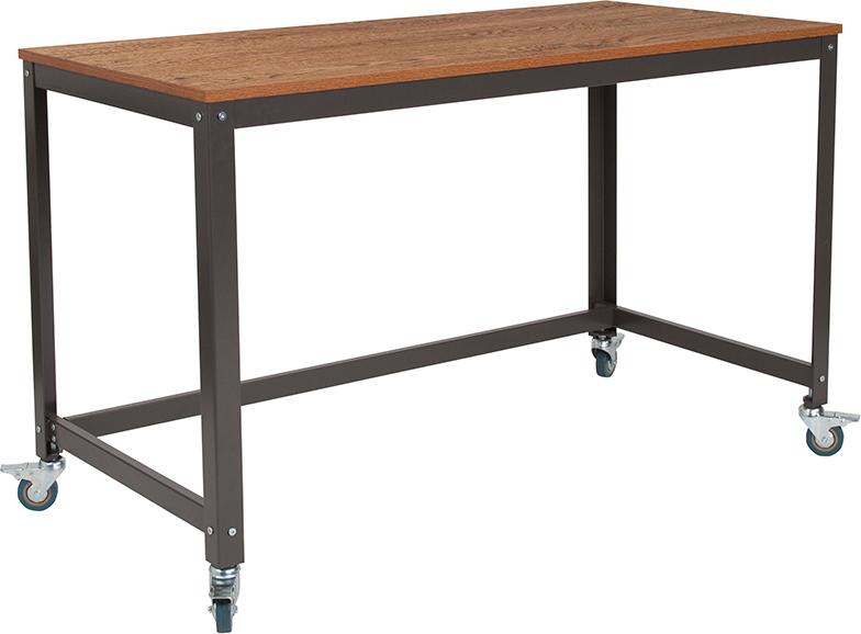 Flash Furniture Livingston Collection Computer Table and Desk in Brown Oak Wood Grain Finish with Metal Wheels – NAN-JN-2522D-GG on Sale
