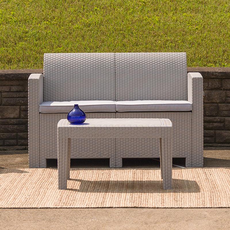 Flash Furniture Light Gray Faux Rattan Loveseat with All-Weather Light Gray Cushions – DAD-SF2-2-GG Supply