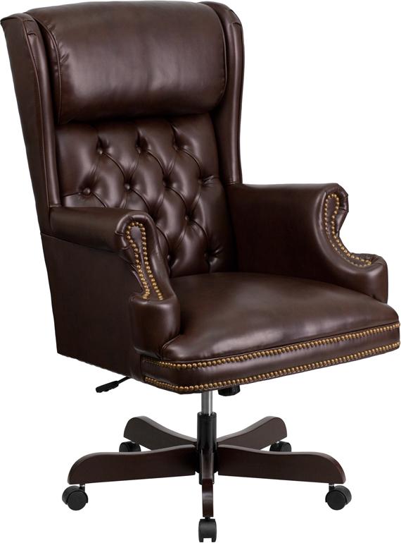 Flash Furniture High Back Traditional Tufted Brown Leather Executive Swivel Chair with Oversized Headrest and Nail Trim Arms – CI-J600-BRN-GG Hot on Sale