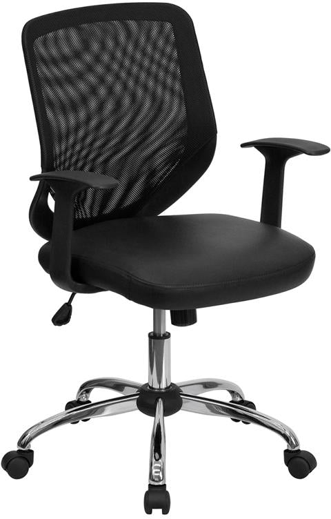 Flash Furniture Mid-Back Black Mesh Tapered Back Swivel Task Chair with Leather Seat, Chrome Base and T-Arms – LF-W95-LEA-BK-GG Hot on Sale