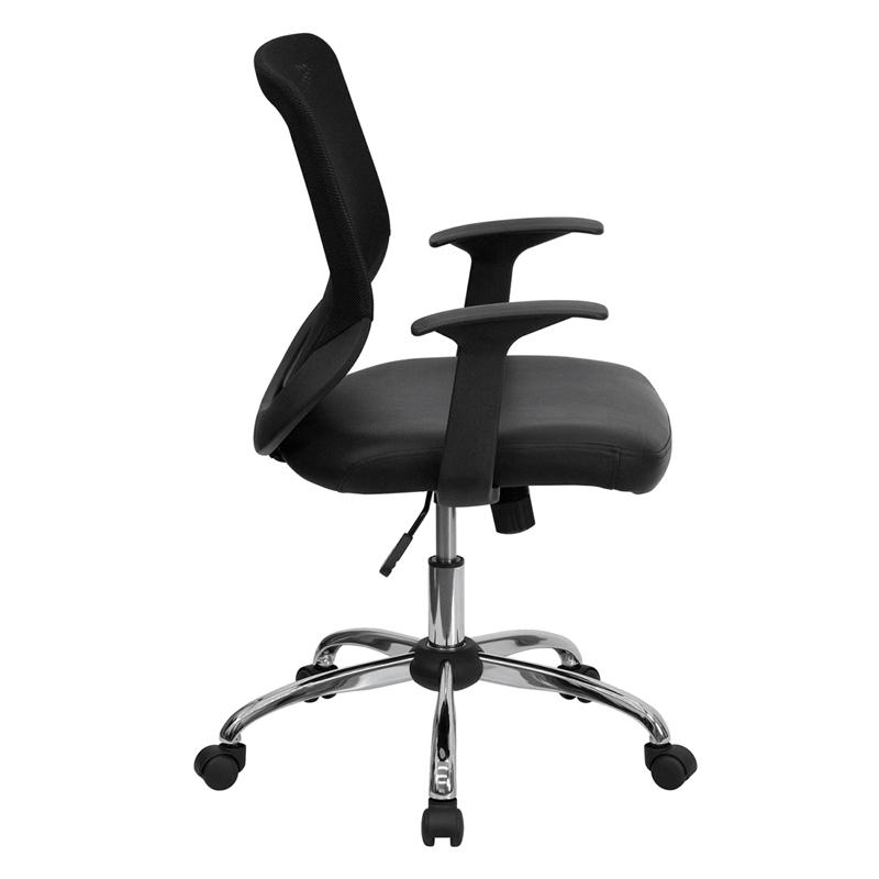 Flash Furniture Mid-Back Black Mesh Tapered Back Swivel Task Chair with Leather Seat, Chrome Base and T-Arms – LF-W95-LEA-BK-GG Hot on Sale