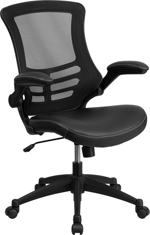 Flash Furniture Mid-Back Black Mesh Swivel Task Chair with Leather Seat and Flip-Up Arms – BL-X-5M-LEA-GG Supply