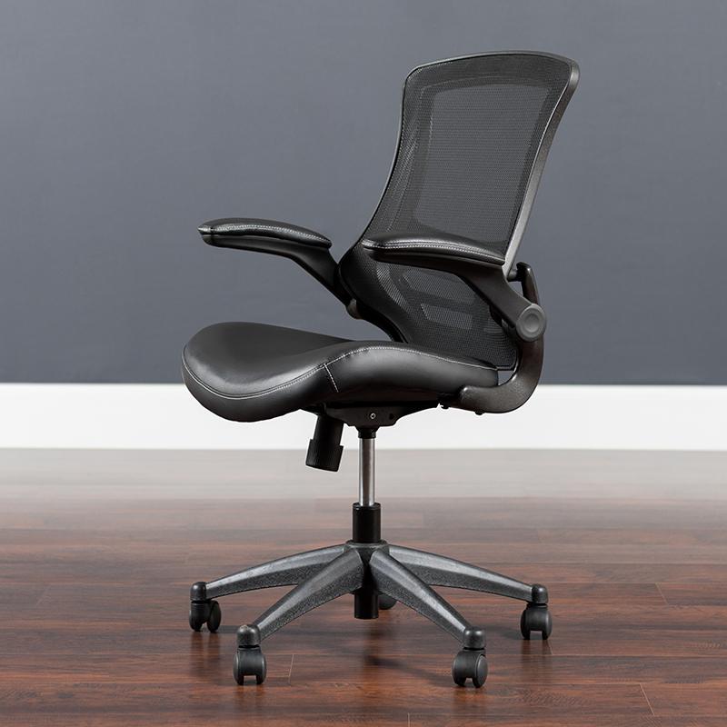 Flash Furniture Mid-Back Black Mesh Swivel Task Chair with Leather Seat and Flip-Up Arms – BL-X-5M-LEA-GG Supply