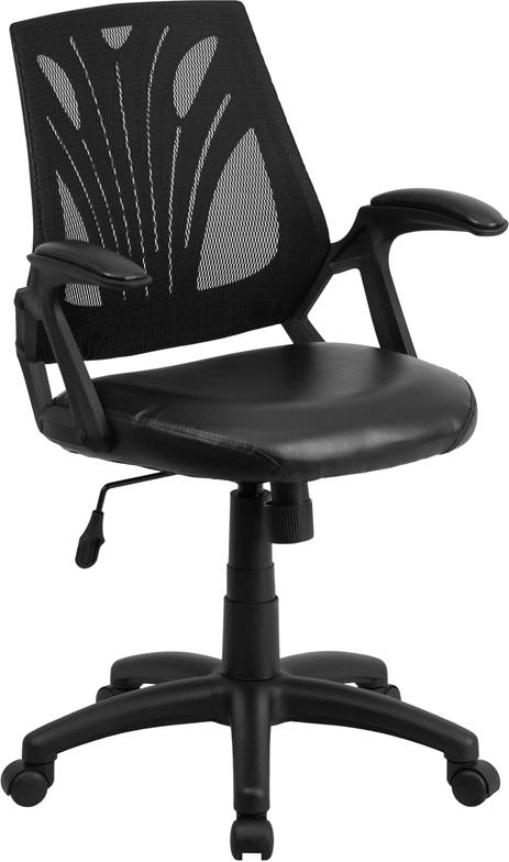 Flash Furniture Mid-Back Designer Black Mesh Swivel Task Chair with Leather Seat and Open Arms – GO-WY-82-LEA-GG Fashion