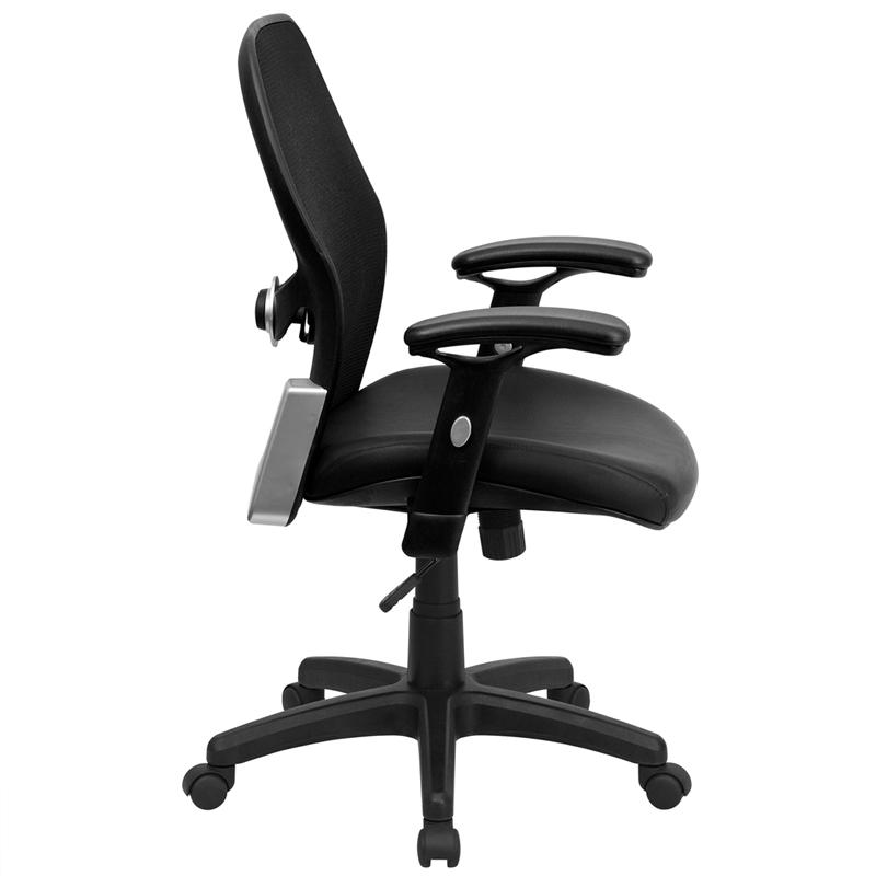 Flash Furniture Mid-Back Black Super Mesh Executive Swivel Chair with Leather Seat and Adjustable Arms, black bonded leather – LF-W42B-L-GG Online now