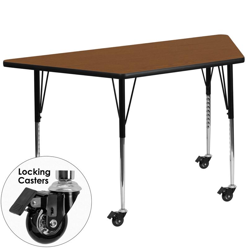 Flash Furniture Mobile 29.5”W x 57.25”L Trapezoid Oak HP Laminate Activity Table – Standard Height Adjustable Legs – XU-A3060-TRAP-OAK-H-A-CAS-GG on Sale