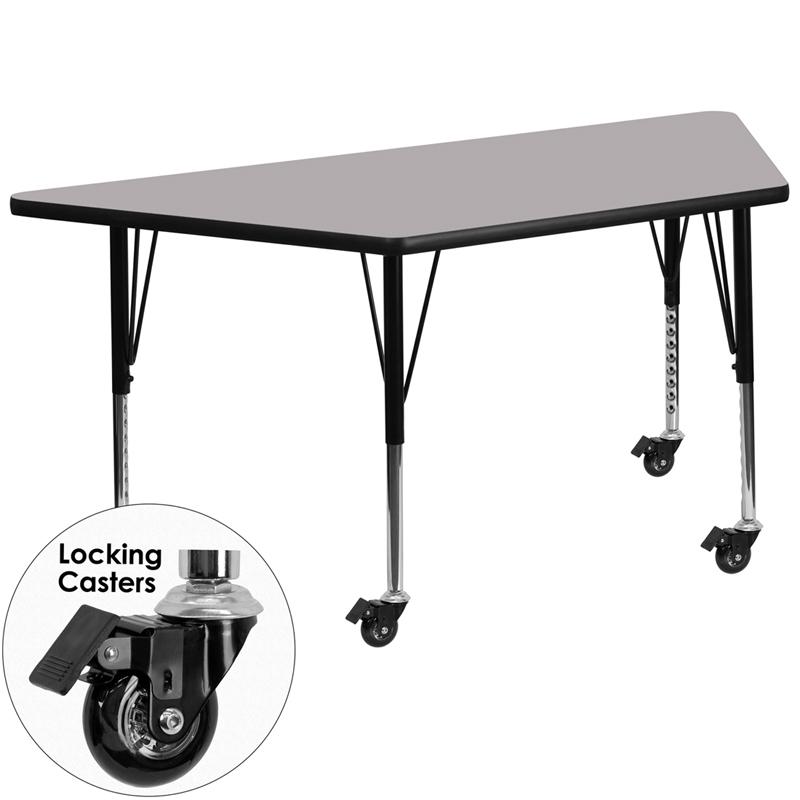 Flash Furniture Mobile 29.5”W x 57.25”L Trapezoid Grey Thermal Laminate Activity Table – Height Adjustable Short Legs – XU-A3060-TRAP-GY-T-P-CAS-GG Online now
