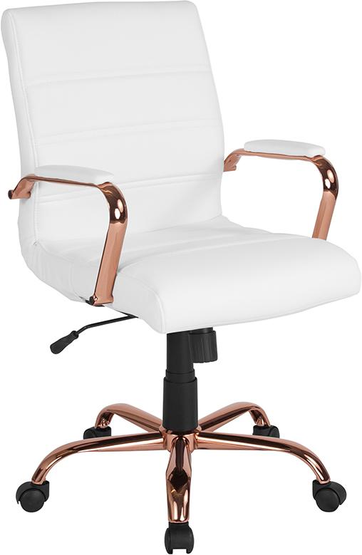 Flash Furniture Mid-Back White Leather Executive Swivel Chair with Rose Gold Frame and Arms – GO-2286M-WH-RSGLD-GG Online now