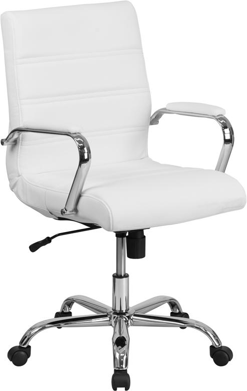 Flash Furniture Mid-Back White Leather Executive Swivel Chair with Chrome Base and Arms – GO-2286M-WH-GG Supply