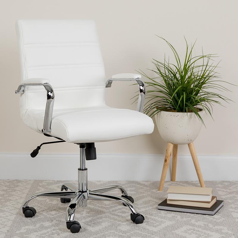 Flash Furniture Mid-Back White Leather Executive Swivel Chair with Chrome Base and Arms – GO-2286M-WH-GG Supply