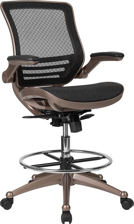 Flash Furniture Mid-Back Transparent Black Mesh Drafting Chair with Melrose Gold Frame and Flip-Up Arms – BL-LB-8801X-D-GG Hot on Sale