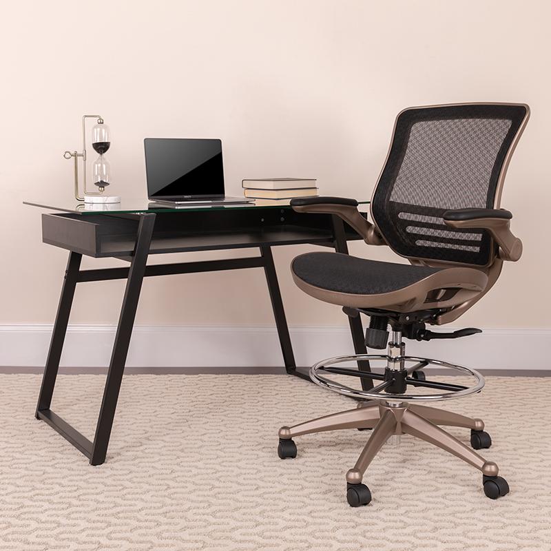 Flash Furniture Mid-Back Transparent Black Mesh Drafting Chair with Melrose Gold Frame and Flip-Up Arms – BL-LB-8801X-D-GG Hot on Sale