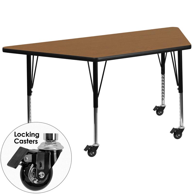 Flash Furniture Mobile 29.5”W x 57.25”L Trapezoid Oak Thermal Laminate Activity Table – Height Adjustable Short Legs – XU-A3060-TRAP-OAK-T-P-CAS-GG Online