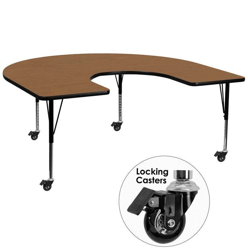 Flash Furniture Mobile 60”W x 66”L Horseshoe Oak Thermal Laminate Activity Table – Height Adjustable Short Legs – XU-A6066-HRSE-OAK-T-P-CAS-GG Hot on Sale