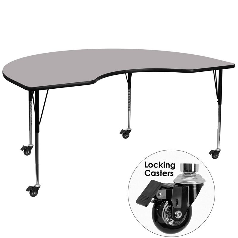 Flash Furniture Mobile 48”W x 96”L Kidney Grey Thermal Laminate Activity Table – Standard Height Adjustable Legs – XU-A4896-KIDNY-GY-T-A-CAS-GG on Sale