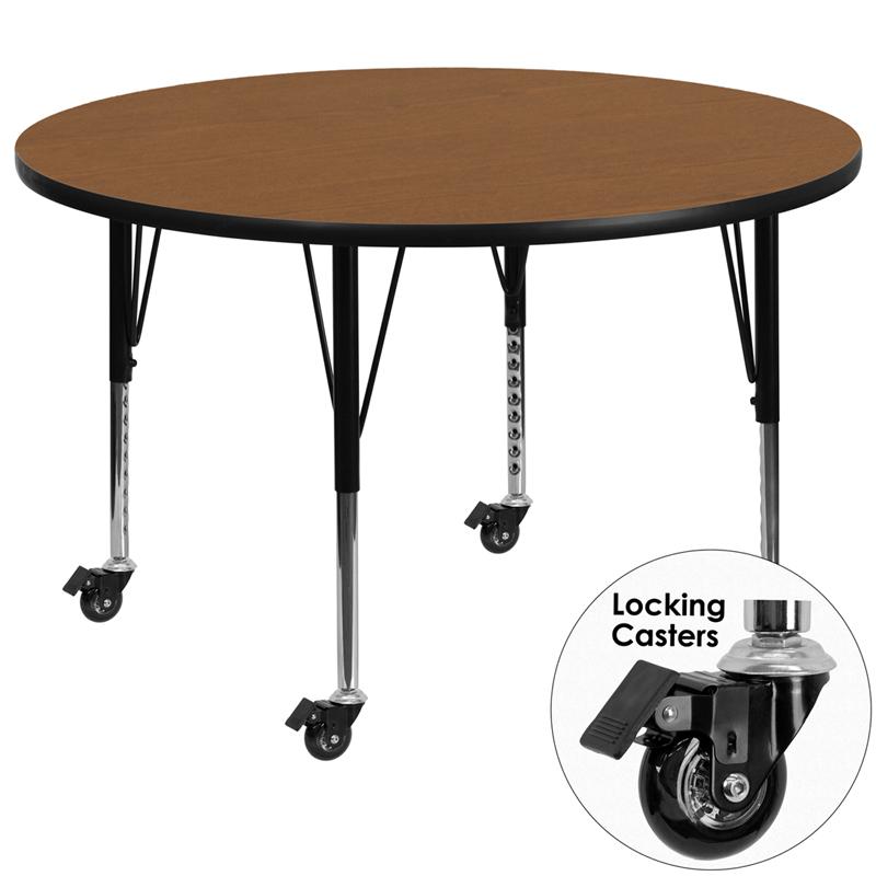Flash Furniture Mobile 60” Round Oak Thermal Laminate Activity Table – Height Adjustable Short Legs – XU-A60-RND-OAK-T-P-CAS-GG Online Hot Sale