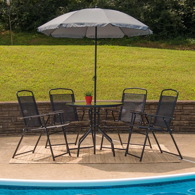Flash Furniture Nantucket 6 Piece Black Patio Garden Set with Table, Umbrella and 4 Folding Chairs – GM-202012-BK-GG Fashion