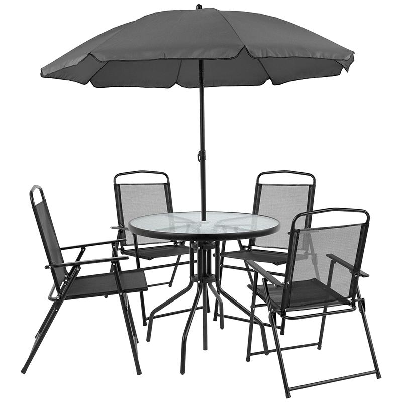 Flash Furniture Nantucket 6 Piece Black Patio Garden Set with Table, Umbrella and 4 Folding Chairs – GM-202012-BK-GG Fashion