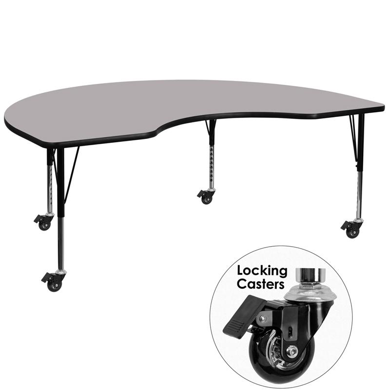 Flash Furniture Mobile 48”W x 96”L Kidney Grey Thermal Laminate Activity Table – Height Adjustable Short Legs – XU-A4896-KIDNY-GY-T-P-CAS-GG Supply