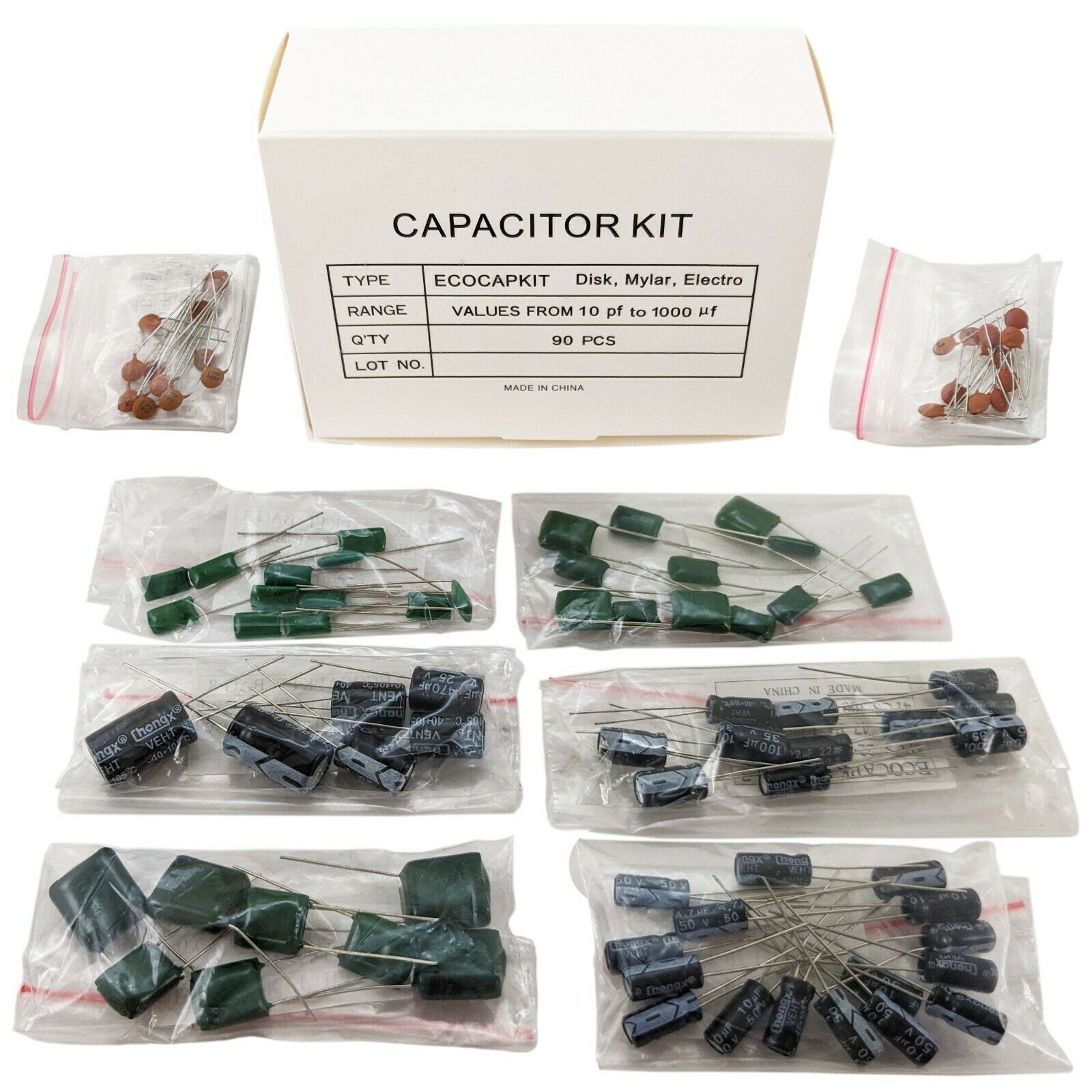 Capacitor Kit, 90 Assorted Disk, Mylar, and Electro Capacitors in Storage Box Supply
